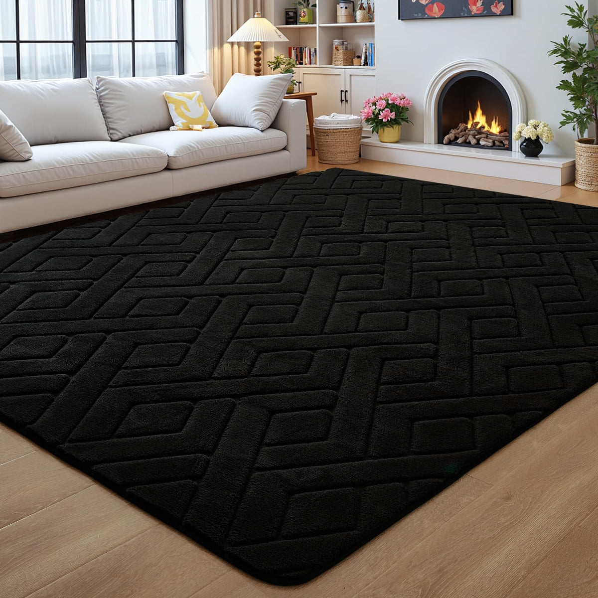 5x7 Black Fluffy Shag Area Rug for Living Room Bedroom