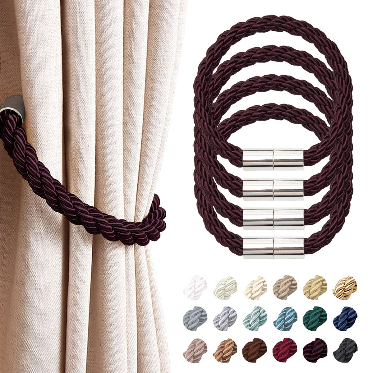 NICEEC 2 Pack Strong Magnetic Curtain Tiebacks Modern Simple Style Drape Tie Backs Convenient Decorative Weave Rope Curtain Holdbacks for Thin or Thick Home & Office Window Draperies (Beige)