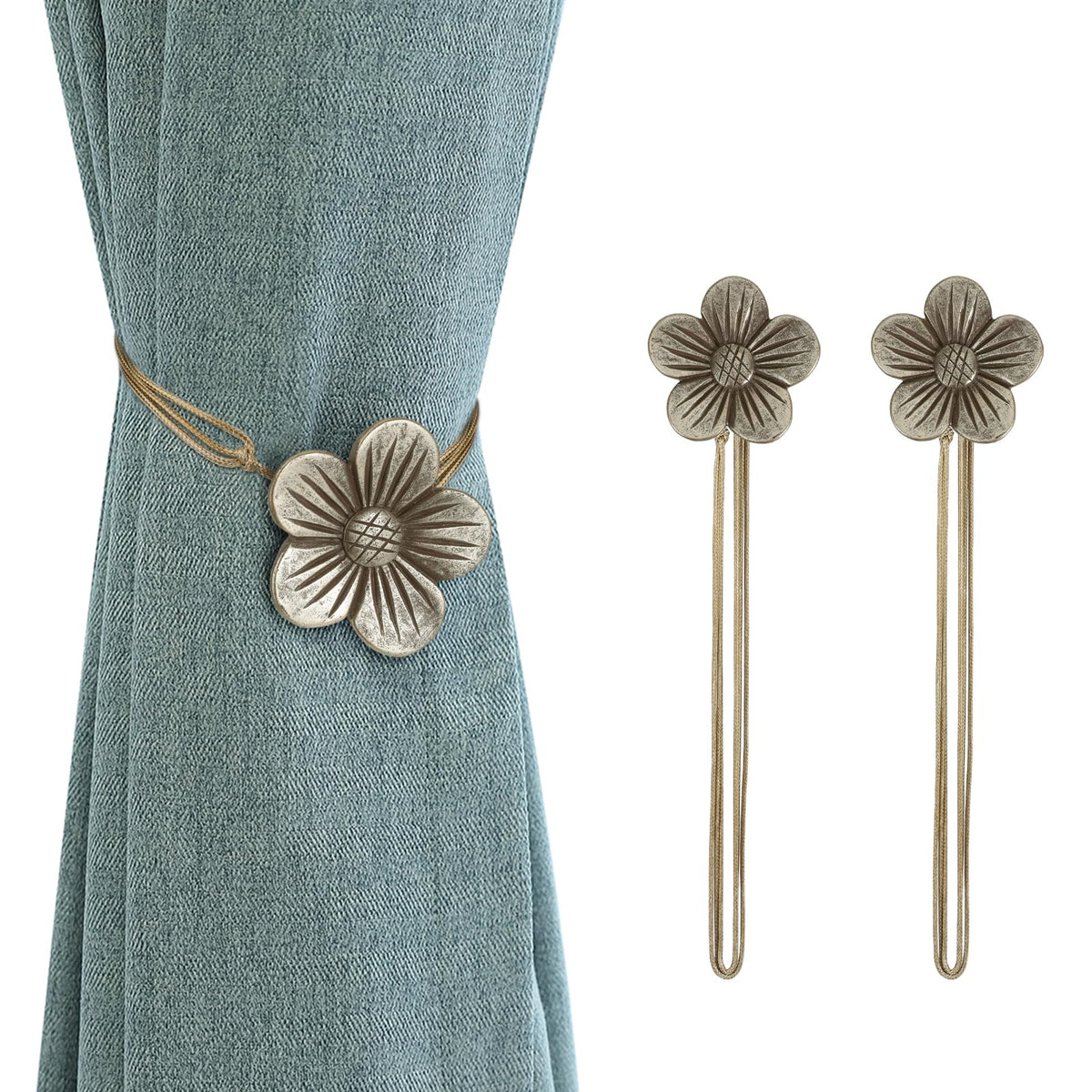 Lewondr Magnetic Curtain Tiebacks, Flower Vintage Curtain Holdbacks, Coffee