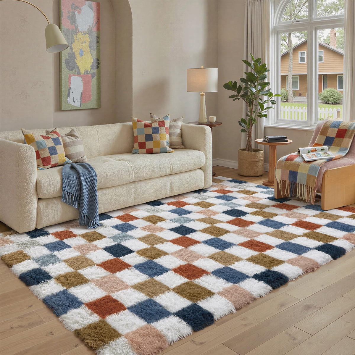 PureCozy Beige 8x10 Area Rug for Living Room Soft Checkered Shag Carpet