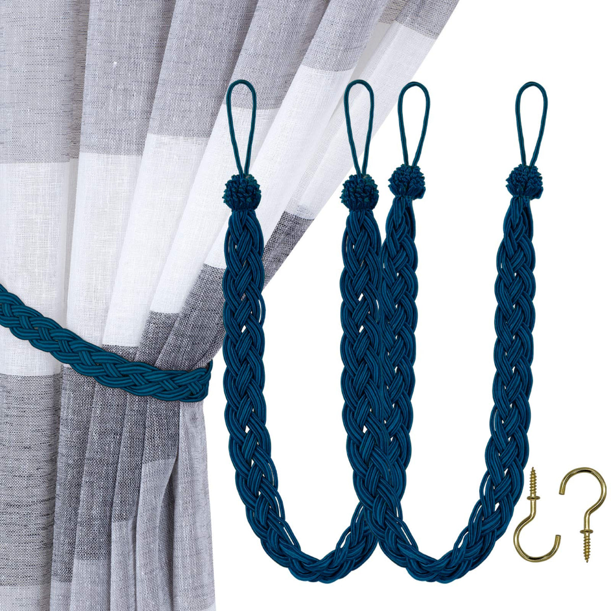 Home Queen Handwoven Rope Curtain Tiebacks for Drapes, 2 Pack Rope Holdbacks with Hooks, 23 Inch Long Polyester and Cotton Braided Tie Backs for Thick and Sheer Curtains,Navy and Silver