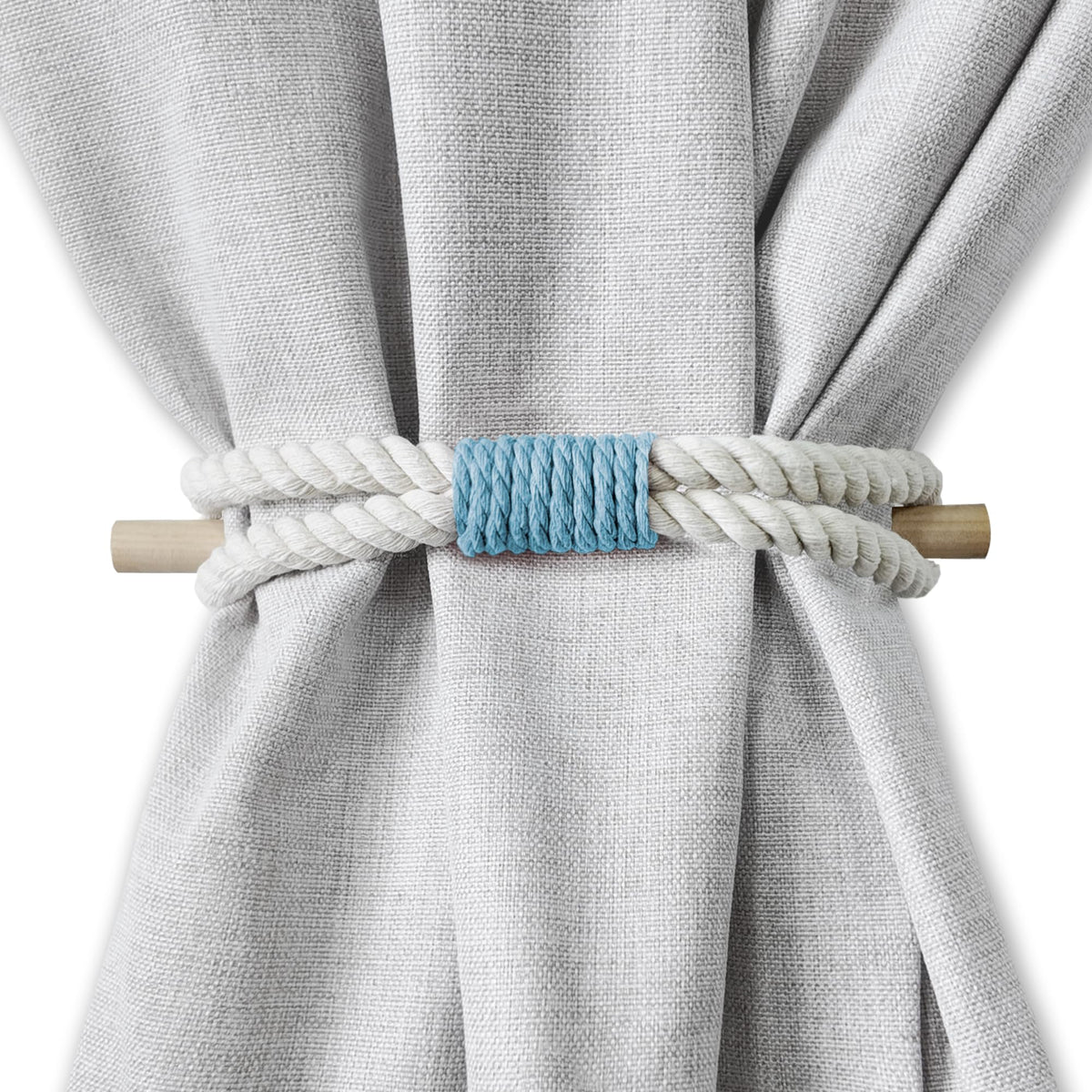 Curtain Holdbacks Boho Tiebacks for Drapes, Farmhouse Jute Rope Cotton Tie Backs with Rustic Wood Club, Curtain Accessories Holders for Indoor Outdoor Use, Set of 4