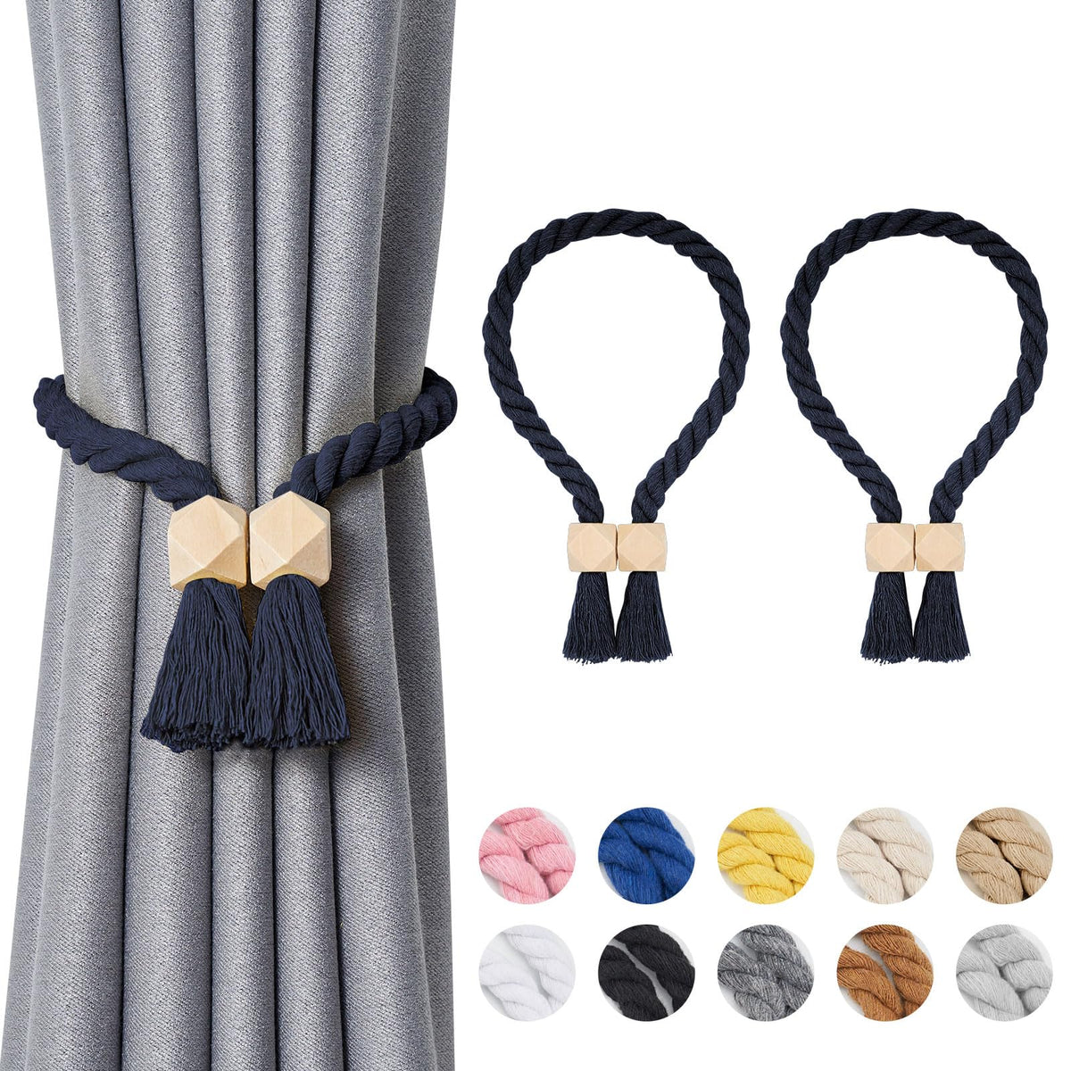 NICEEC 2 Pack Wooden Ball Magnetic Curtain Tiebacks Boho Home Decor Drape Tie Backs Natural Cotton Hand Woven Rope Curtain Holdbacks for Thin & Thick Home & Office Window Draperies (Beige)