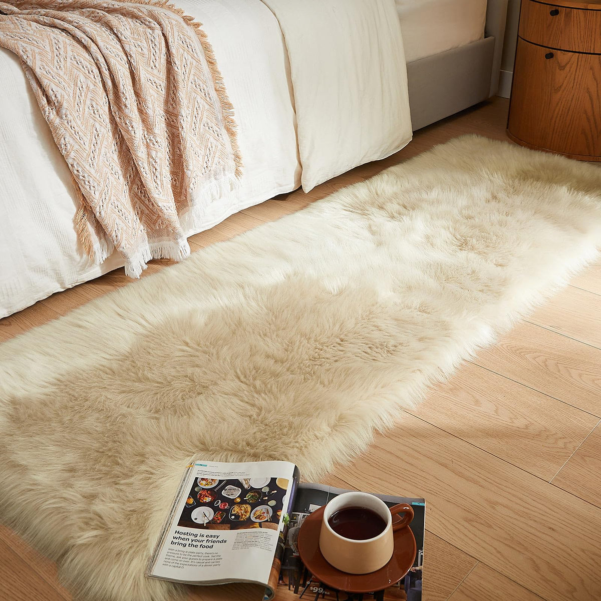 AMTOVO Faux Sheepskin Rug, Beige Ultra Soft Fluffy Shag Area Rug, 2 x 6 ft Faux Fur Rug for Bedroom Sofa Throw Cushion Room Decor, Sheepskin