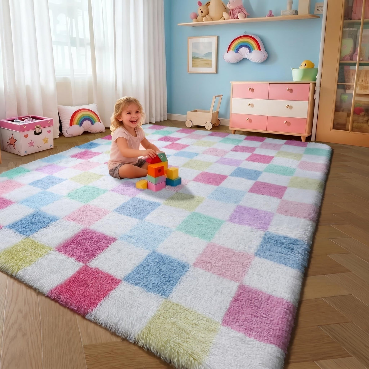 KICMOR Area Rugs 8x10 for Living Room, Large Fluffy Beige and Cream White Checkered Rug Big Fuzzy Shag Shaggy Carpets for Bedroom, Soft Plush Furry Rug for Boy Girls Room Dorm Home Decor Aesthetic