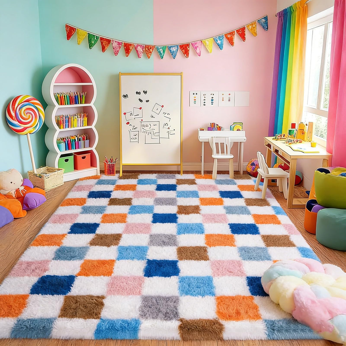 8x10 ft Area Rugs for Living Room Bedroom, Beige Tie-dye Non-Slip Soft Fluffy Shag Carpet, Large Bedside Indoor Floor Area Rug for Kids Girls and Boys, Dorms, Nursery Rooms, Home Decor Aesthetic