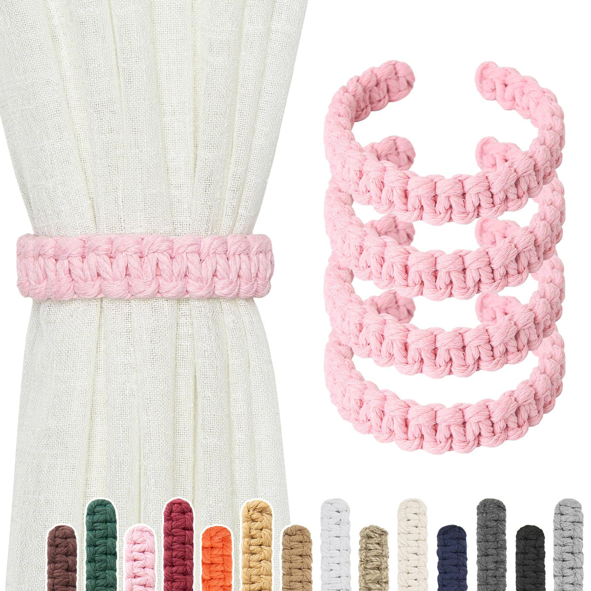 NICEEC 2 Pack Natural Cotton Rope Curtain Tiebacks Farmhouse Rustic Style Decorative Drape Tie Backs Handmade Braided Curtain Holdbacks for Home & Office Sheer/Light Weight Drapery (C-White-S)