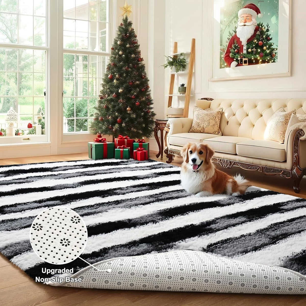 Black and White Rugs for Living Room Bedroom, 6x9 Fluffy Soft Plush Area Rugs with Non-Slip Backing, Modern Striped Shag Fuzzy Carpets for Kids Playroom Nursery Dorms Home Decor