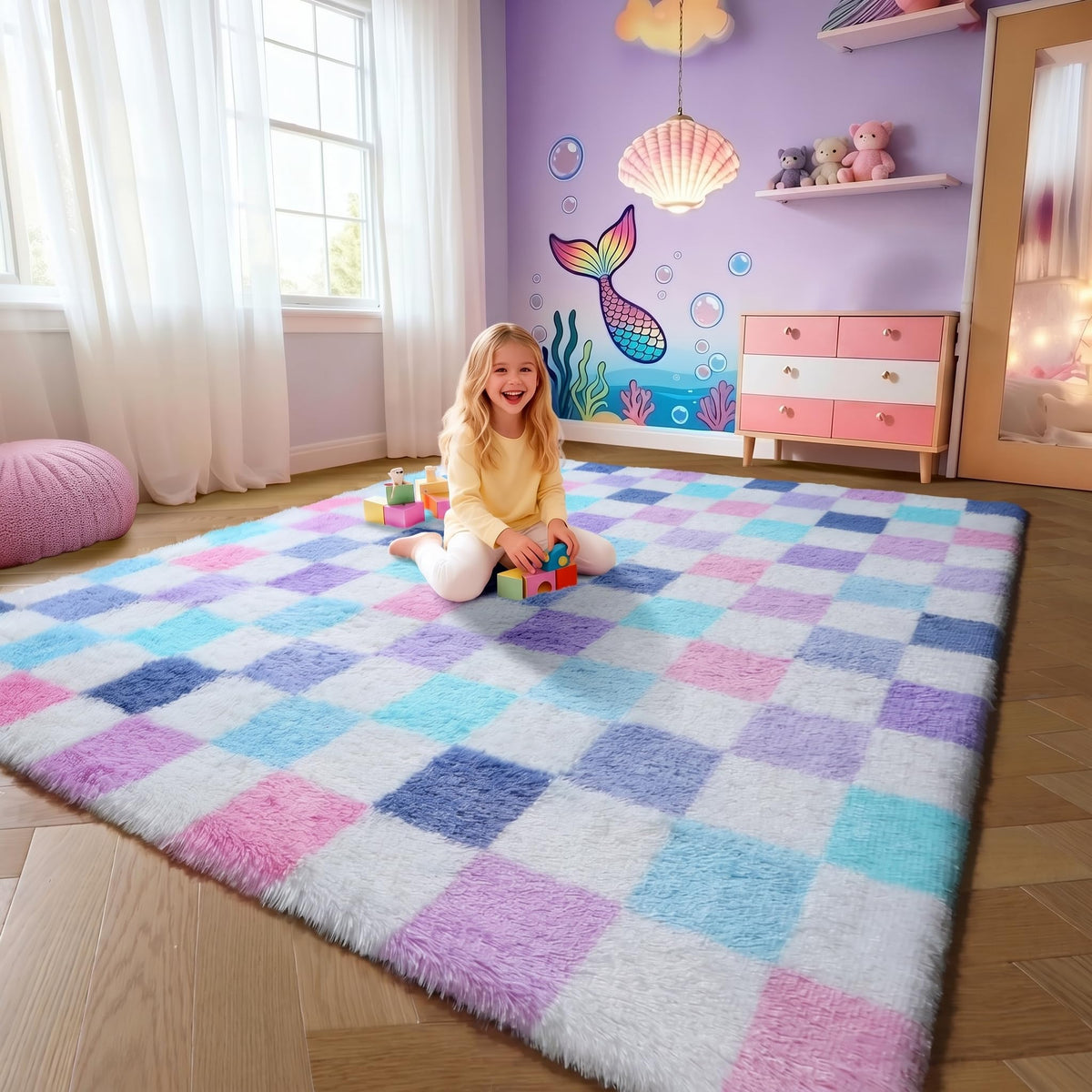 KICMOR Area Rugs 8x10 for Living Room, Large Fluffy Beige and Cream White Checkered Rug Big Fuzzy Shag Shaggy Carpets for Bedroom, Soft Plush Furry Rug for Boy Girls Room Dorm Home Decor Aesthetic