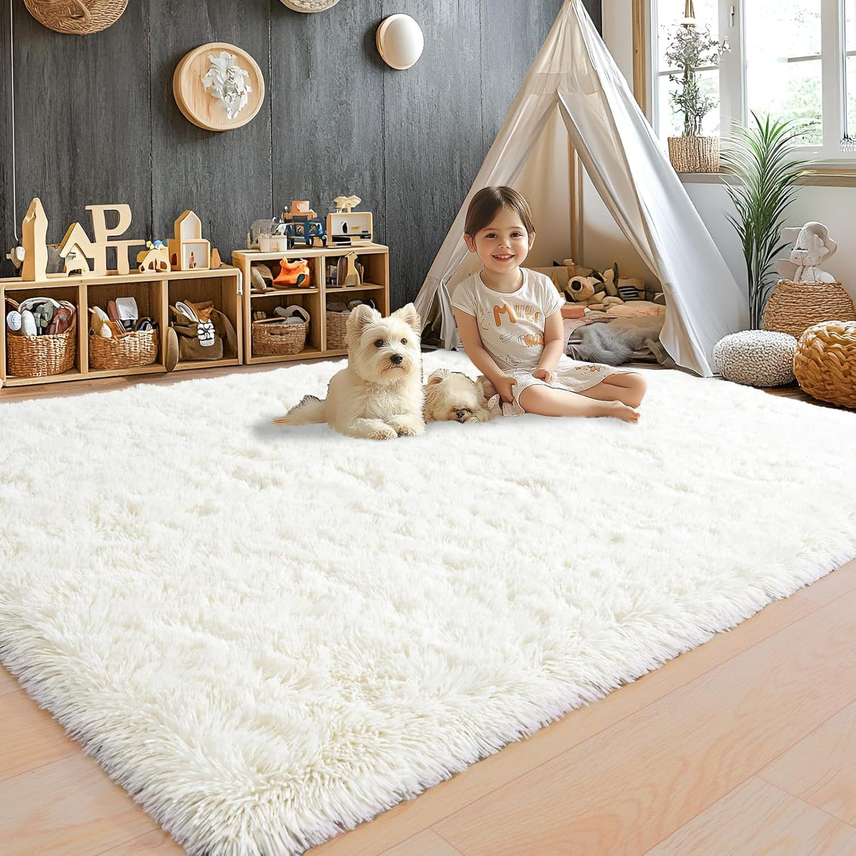 8x10 Area Rugs for Living Room, Cream White Soft Fuzzy Large Shaggy Rug