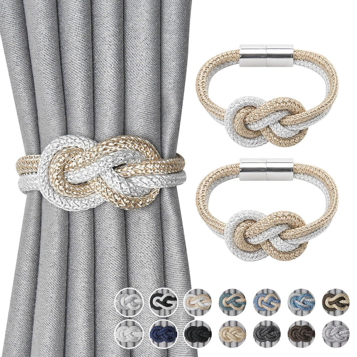 NICEEC 2 Pack Mini Magnetic Curtain Tiebacks Nordic Simple Style Drape Tie Backs Elegant Hand Weave Rope Knot Decorative Curtain Holdbacks for Home & Office Thin Window Drapery (Silver Grey)