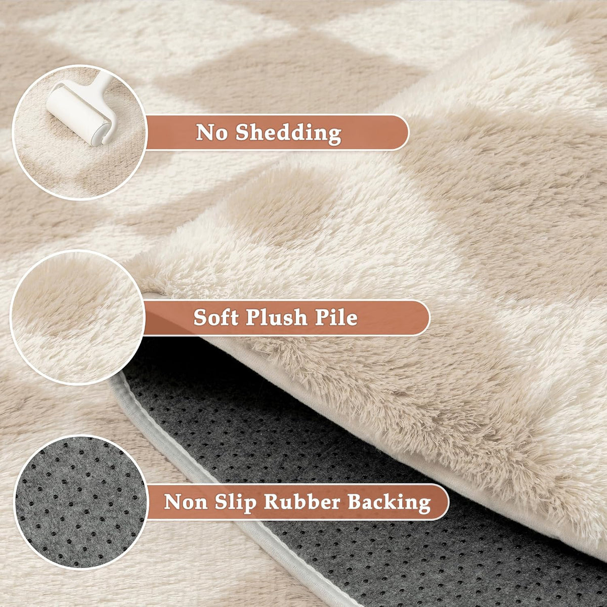 PureCozy Beige 8x10 Area Rug for Living Room Soft Checkered Shag Carpet