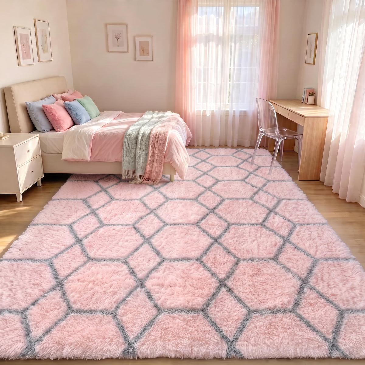 Area Rugs for Living Room Bedroom, 5x8 Fluffy Tie-Dyed Light Grey Shag Rug