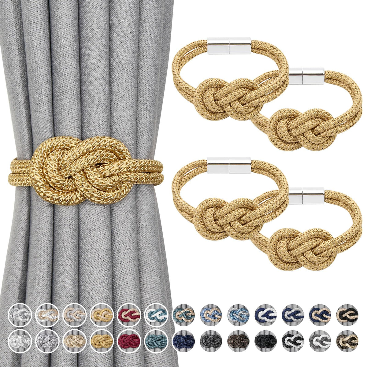 NICEEC 2 Pack Mini Magnetic Curtain Tiebacks Nordic Simple Style Drape Tie Backs Elegant Hand Weave Rope Knot Decorative Curtain Holdbacks for Home & Office Thin Window Drapery (Silver Grey)