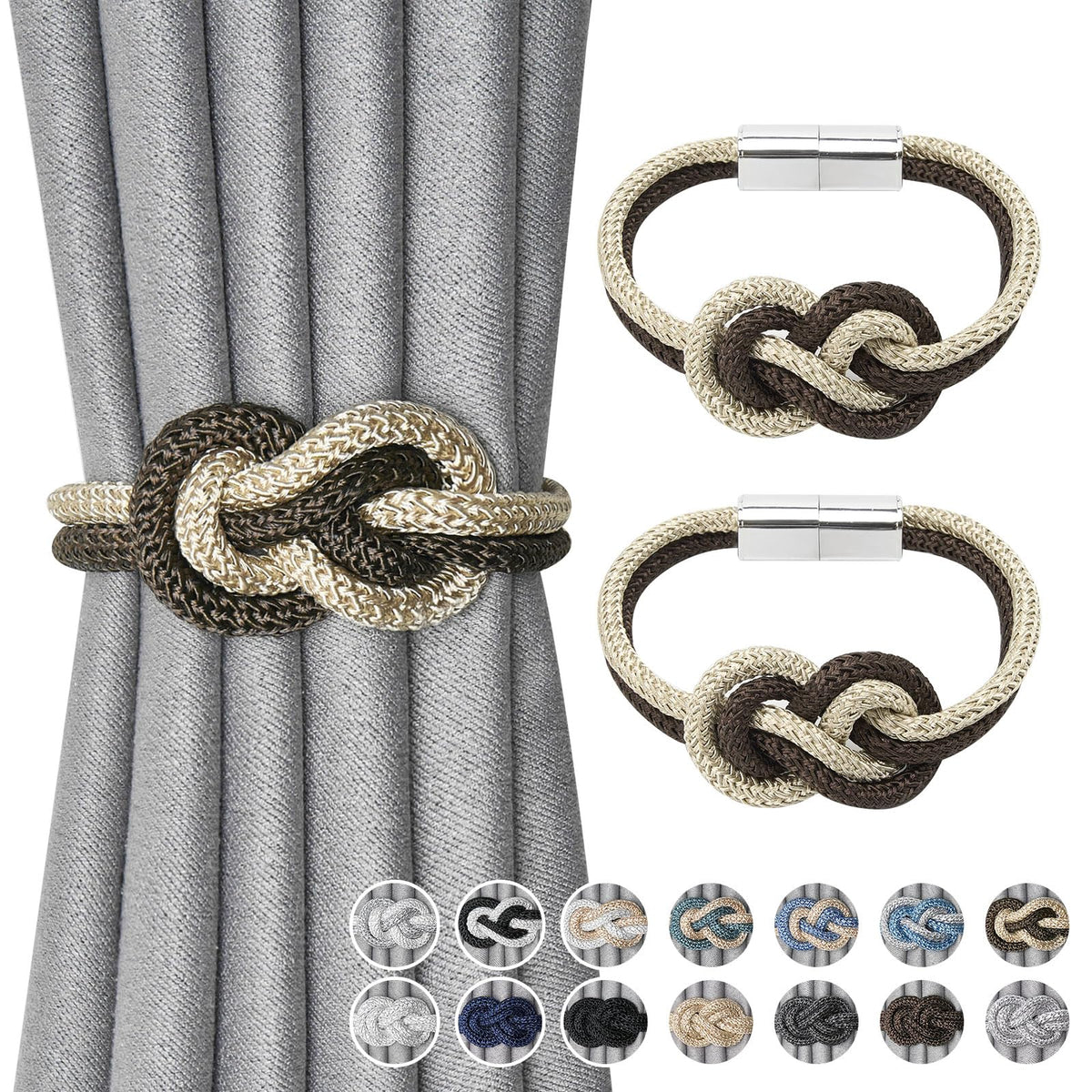 NICEEC 2 Pack Mini Magnetic Curtain Tiebacks Nordic Simple Style Drape Tie Backs Elegant Hand Weave Rope Knot Decorative Curtain Holdbacks for Home & Office Thin Window Drapery (Silver Grey)