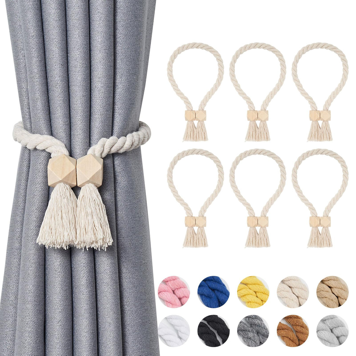 NICEEC 2 Pack Wooden Ball Magnetic Curtain Tiebacks Boho Home Decor Drape Tie Backs Natural Cotton Hand Woven Rope Curtain Holdbacks for Thin & Thick Home & Office Window Draperies (Beige)