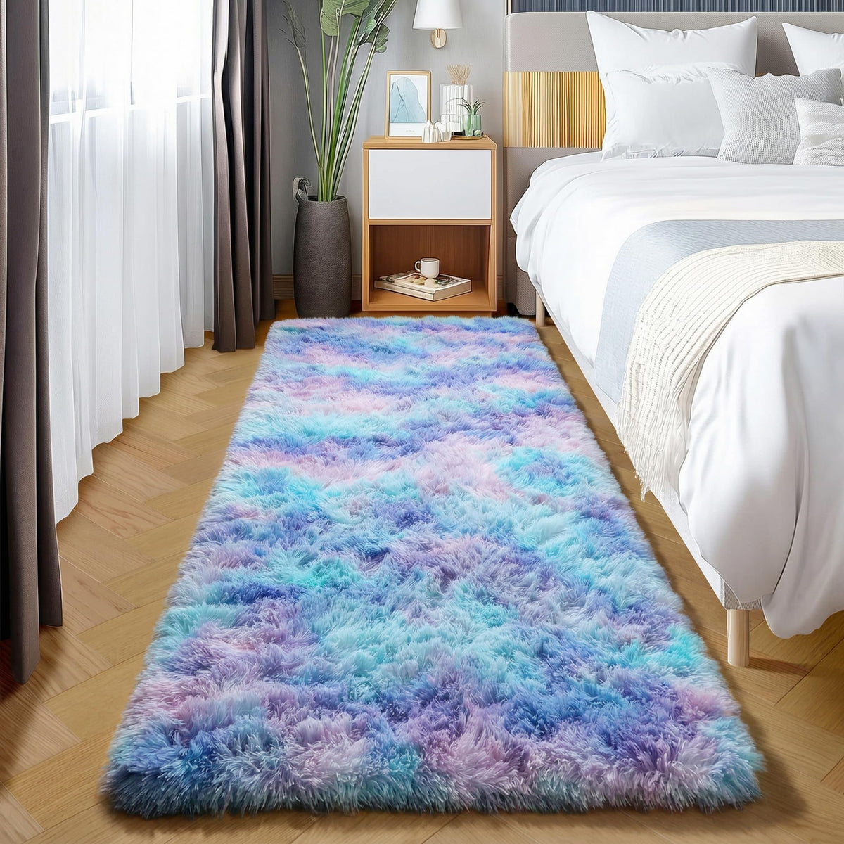 Area Rugs for Living Room Bedroom, 5x8 Fluffy Tie-Dyed Light Grey Shag Rug