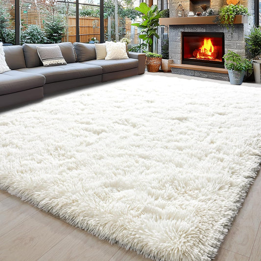 8x10 Area Rugs for Living Room, Cream White Soft Fuzzy Large Shaggy Rug