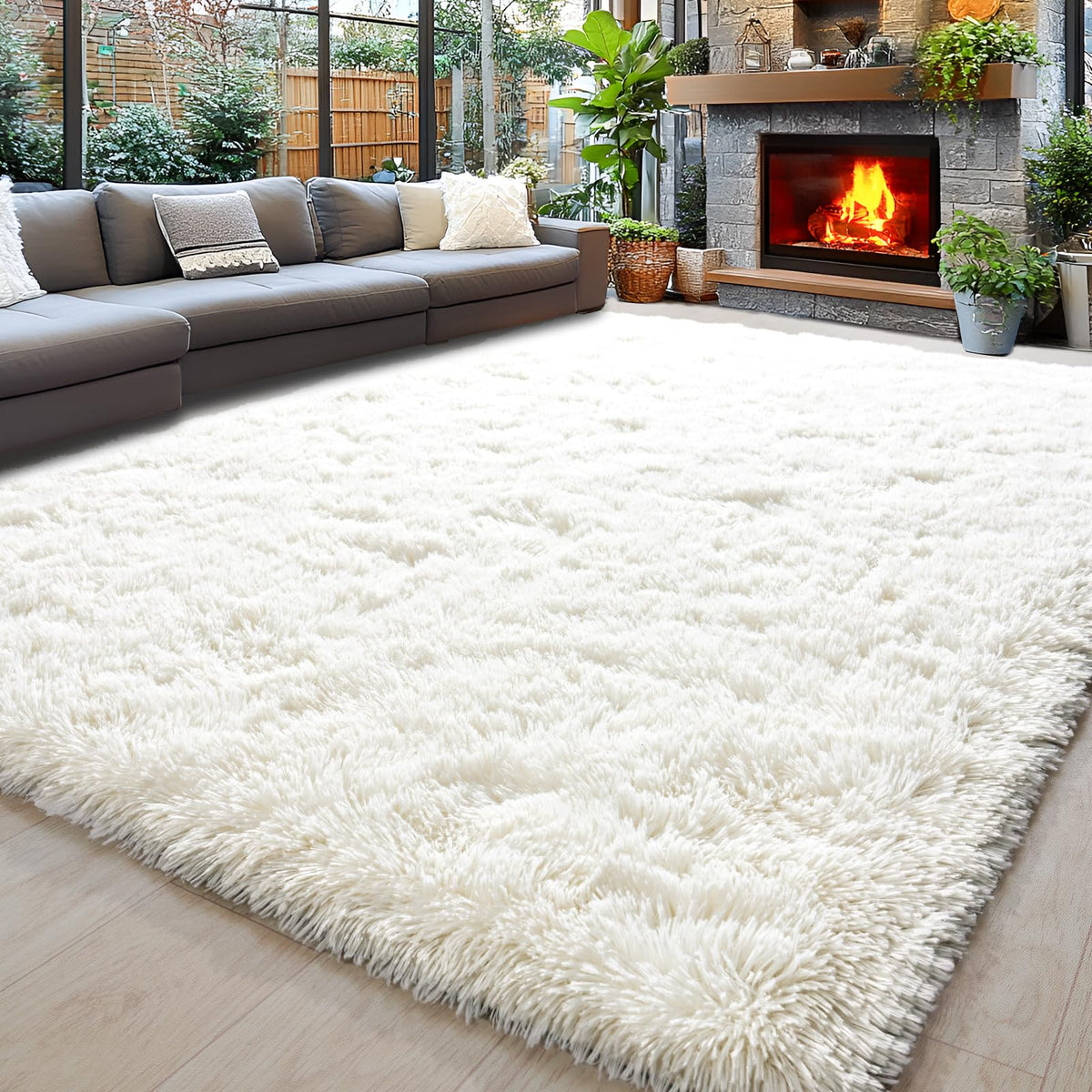 8x10 Area Rugs for Living Room, Cream White Soft Fuzzy Large Shaggy Rug