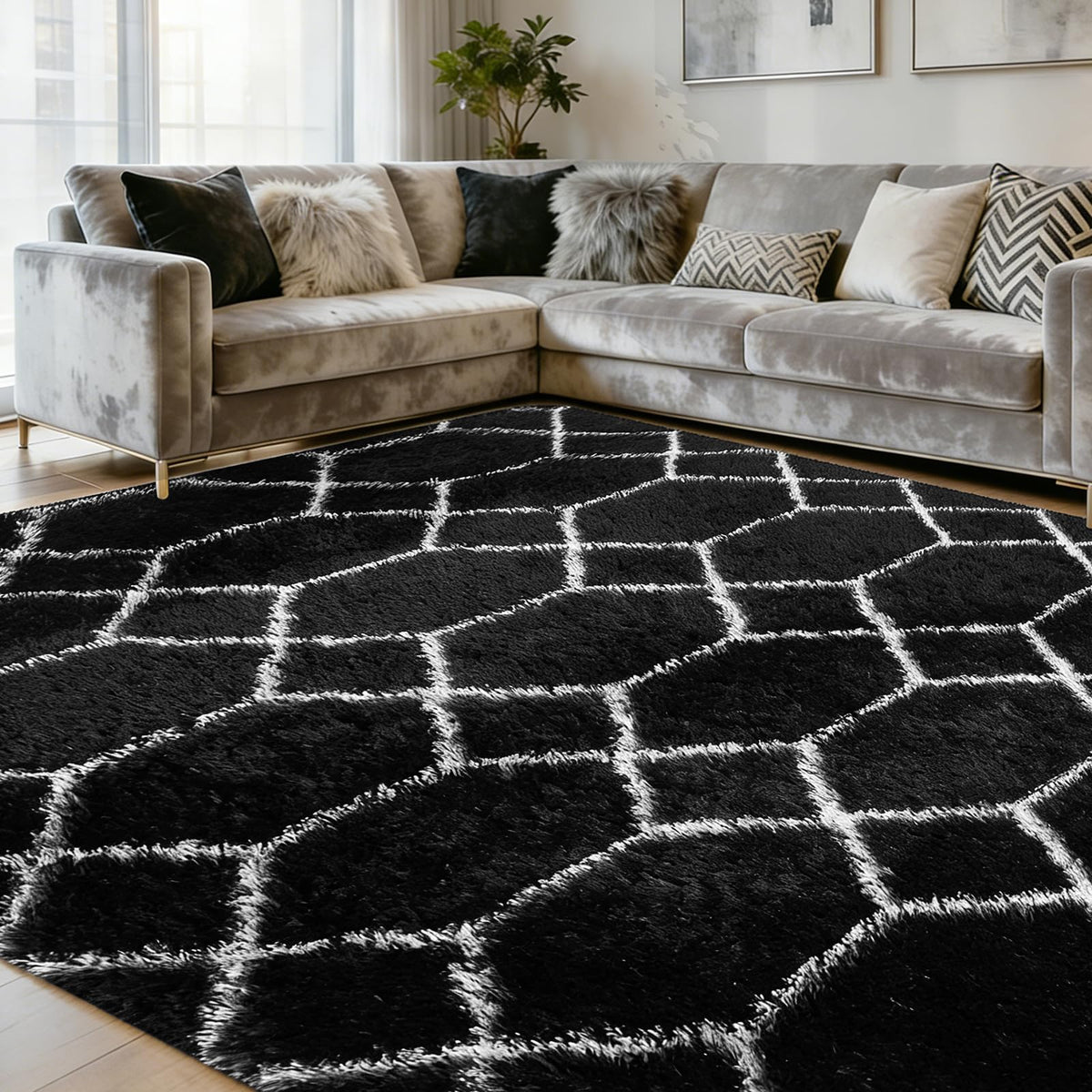 8x10 FT Soft Rug for Living Room, Geometric Shag Soft Area Rug, Classic Rug Anti-Skid High Pile Fluffy Carpet for Kids Room Nursery, Dorm Home Decor