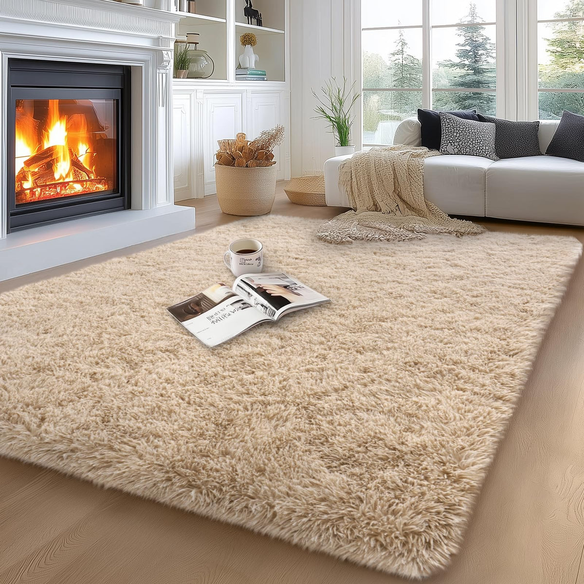 qulint Large Area Rug for Living Room 10x14, Fluffy Tan Rug for Bedroom