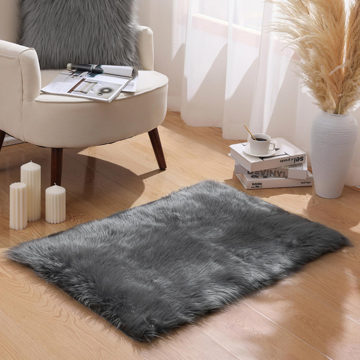Ashler Faux Fur Rug, White, 2 x 6 Ft, Machine Washable