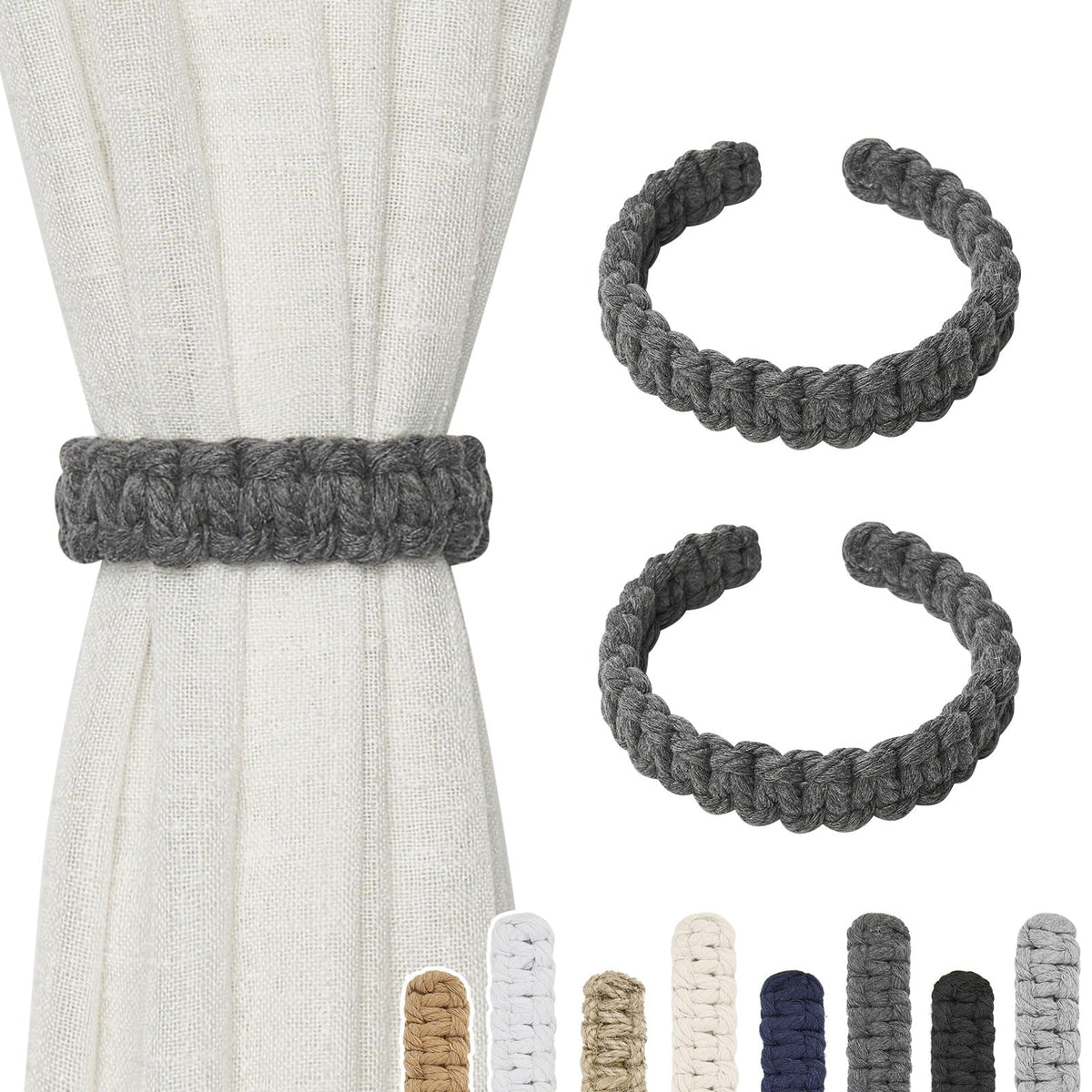 NICEEC 2 Pack Natural Cotton Rope Curtain Tiebacks Farmhouse Rustic Style Decorative Drape Tie Backs Handmade Braided Curtain Holdbacks for Home & Office Sheer/Light Weight Drapery (C-White-S)