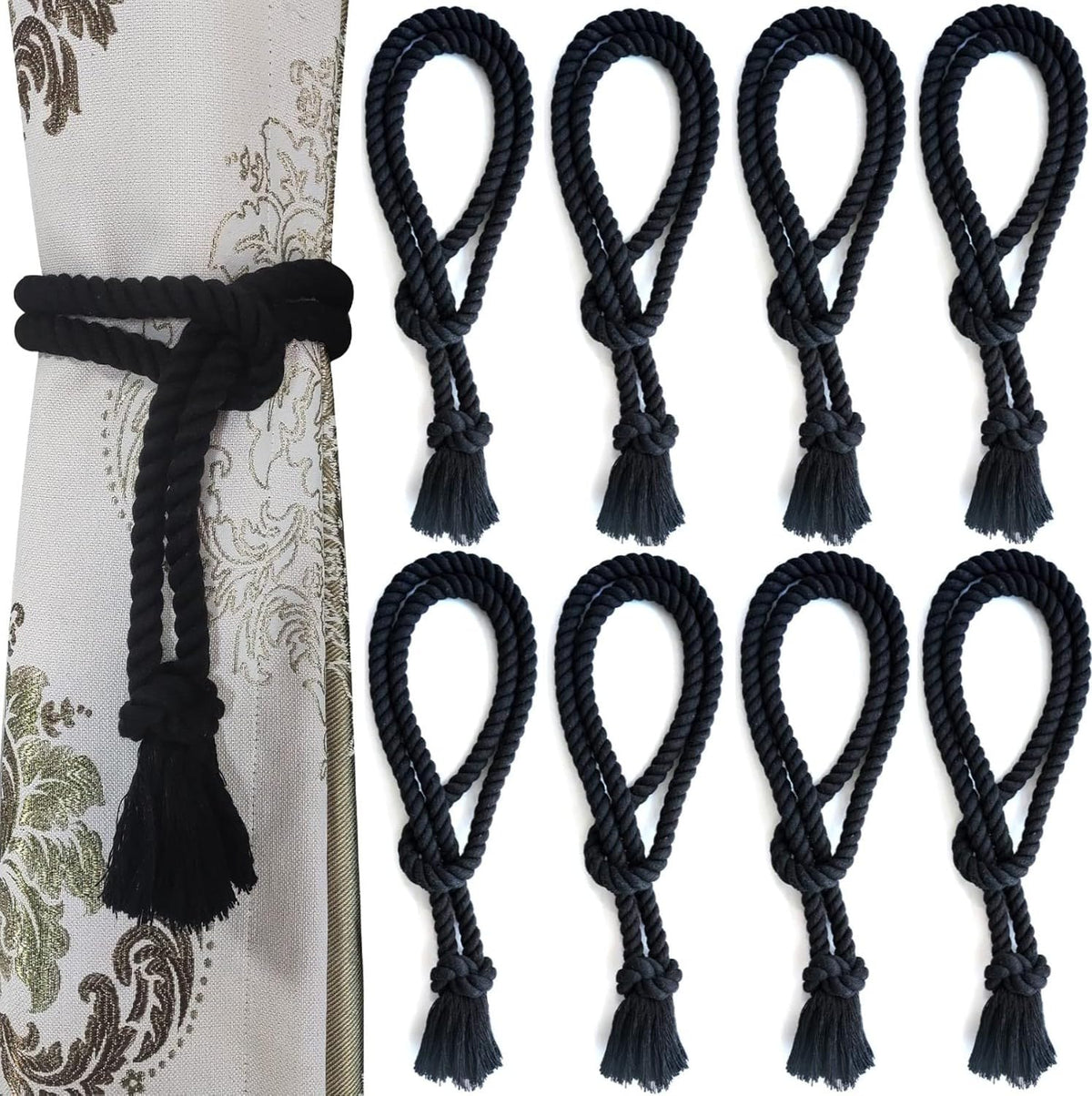 6 Pack Curtain Ties Rope, Outdoor Curtain Tiebacks for Patio Gazebo Pergola Cabana, Natural Cotton Curtain Holders, Village Rural Rustic Farmhouse Curtain Holdbacks for Drapery, Black