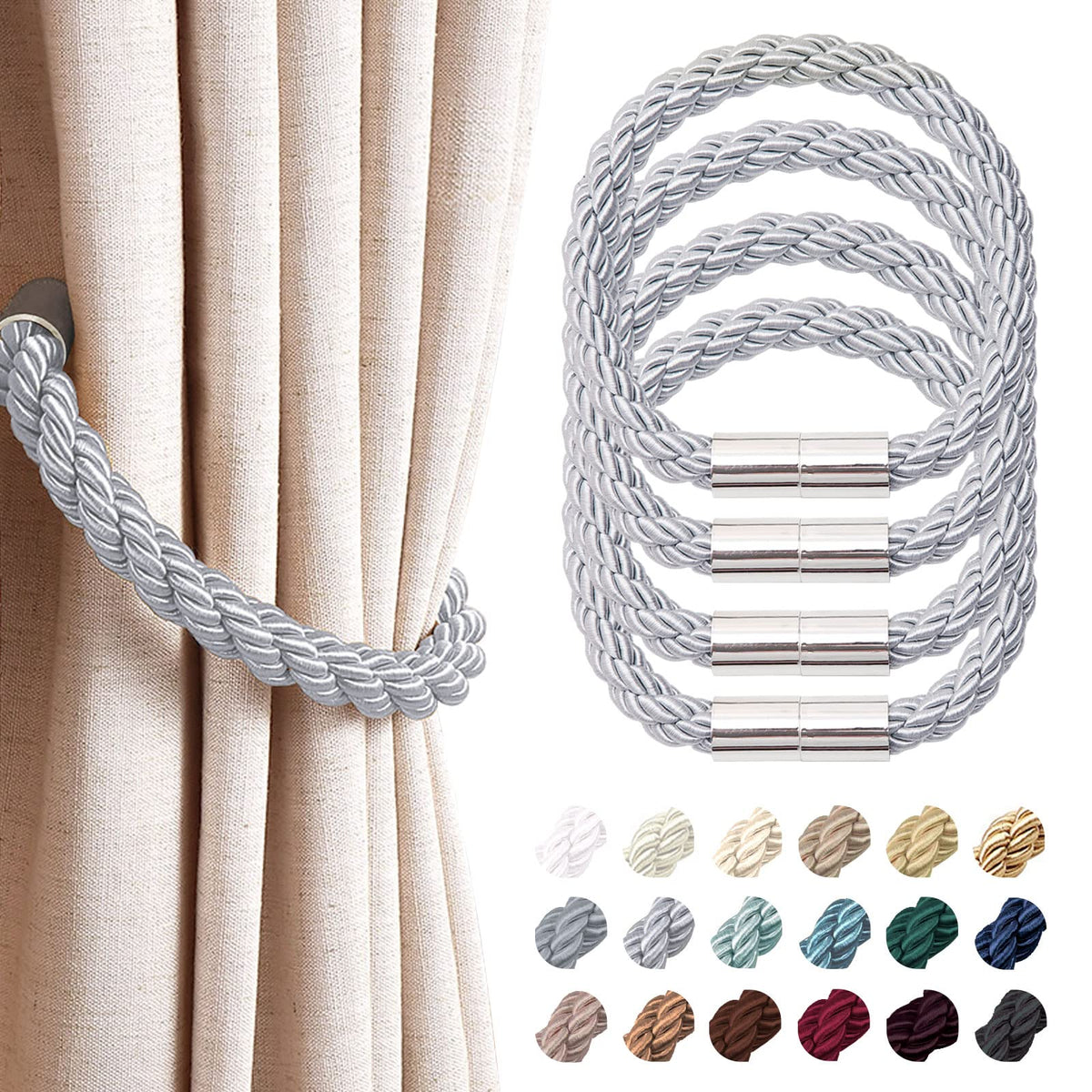 NICEEC 2 Pack Strong Magnetic Curtain Tiebacks Modern Simple Style Drape Tie Backs Convenient Decorative Weave Rope Curtain Holdbacks for Thin or Thick Home & Office Window Draperies (Beige)