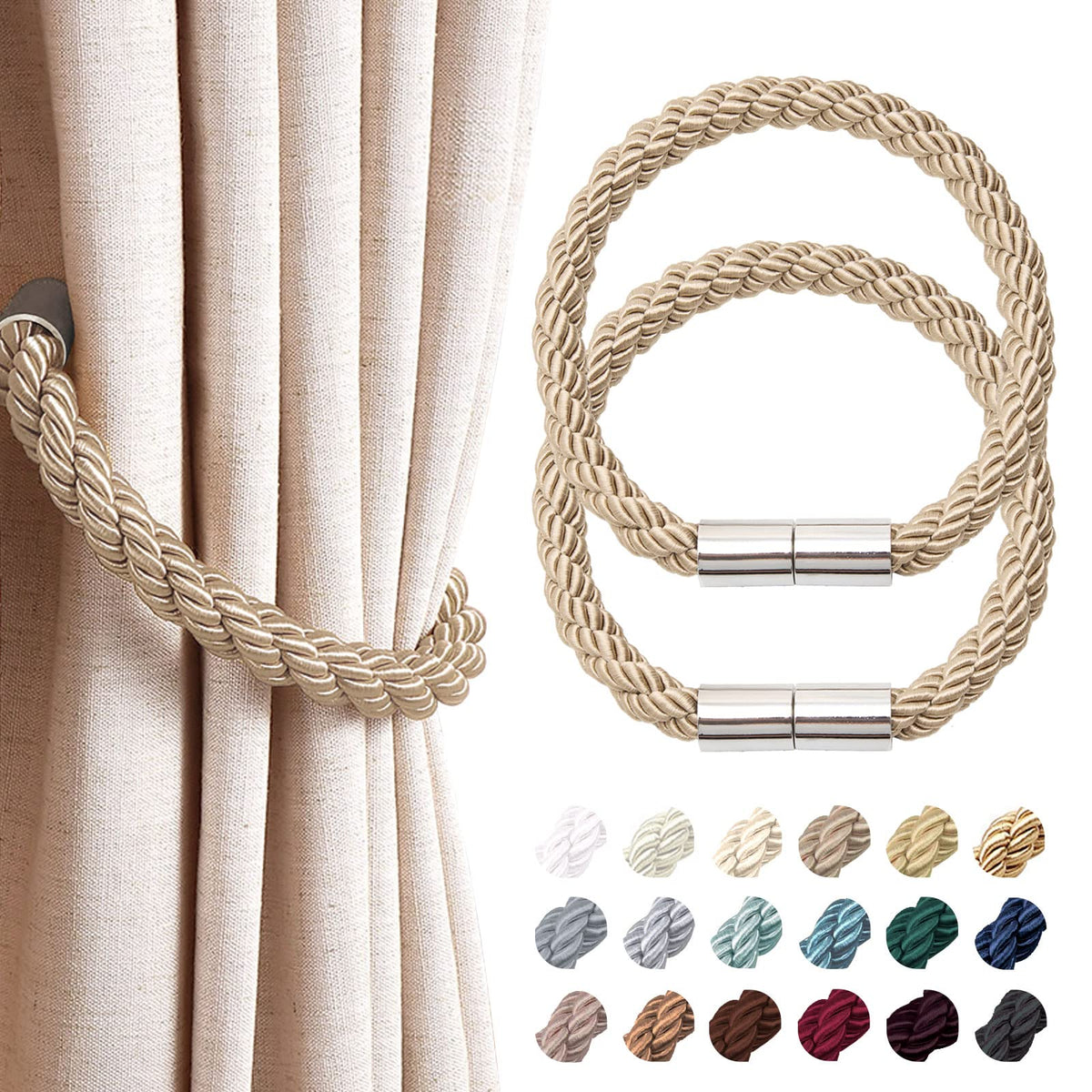NICEEC 2 Pack Strong Magnetic Curtain Tiebacks Modern Simple Style Drape Tie Backs Convenient Decorative Weave Rope Curtain Holdbacks for Thin or Thick Home & Office Window Draperies (Beige)