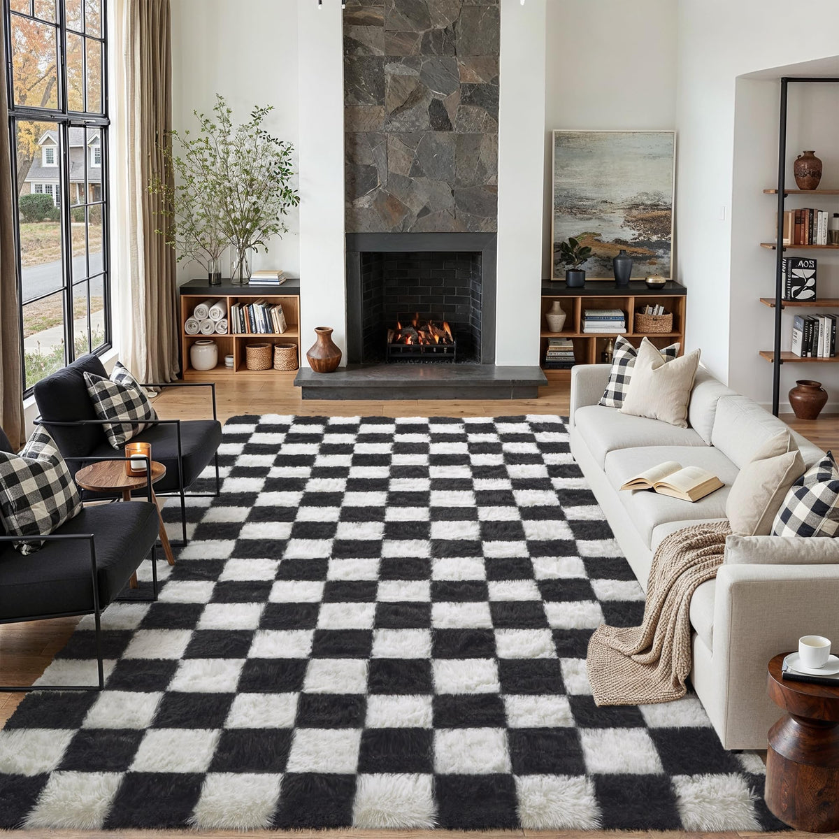 PureCozy Beige 8x10 Area Rug for Living Room Soft Checkered Shag Carpet