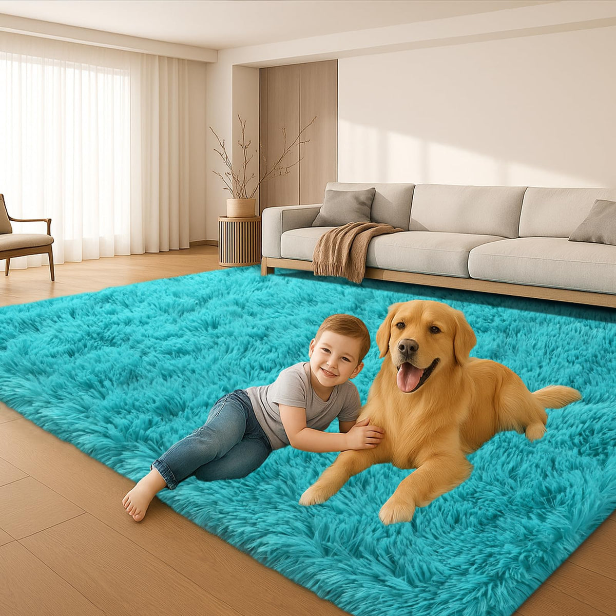 8x10 Beige Fluffy Shag Area Rug, Non-Slip Soft Carpet for Home