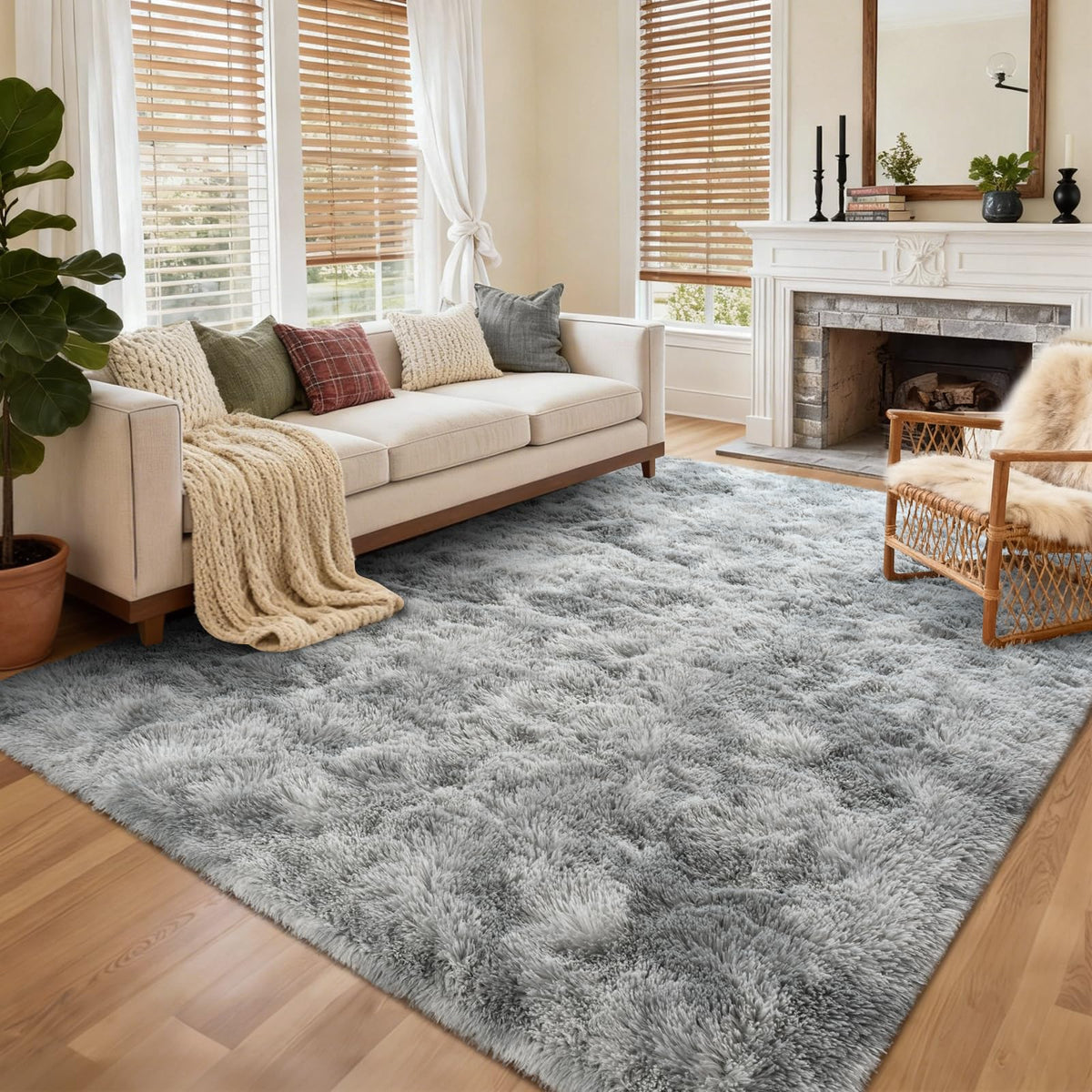 8x10 Ft Extra Large Shag Rugs for Living Room, Tie Dyed Ultra Soft Fluffy Furry Area Rugs for Bedroom Indoor Floor, Aesthetic Carpet for Kids Home Decor (Dark Grey)