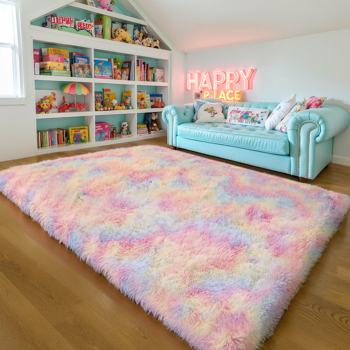 KICHOWUA 4x6 Fluffy Fuzzy Kids Shag Rainbow Rug for Girls Bedroom Playroom