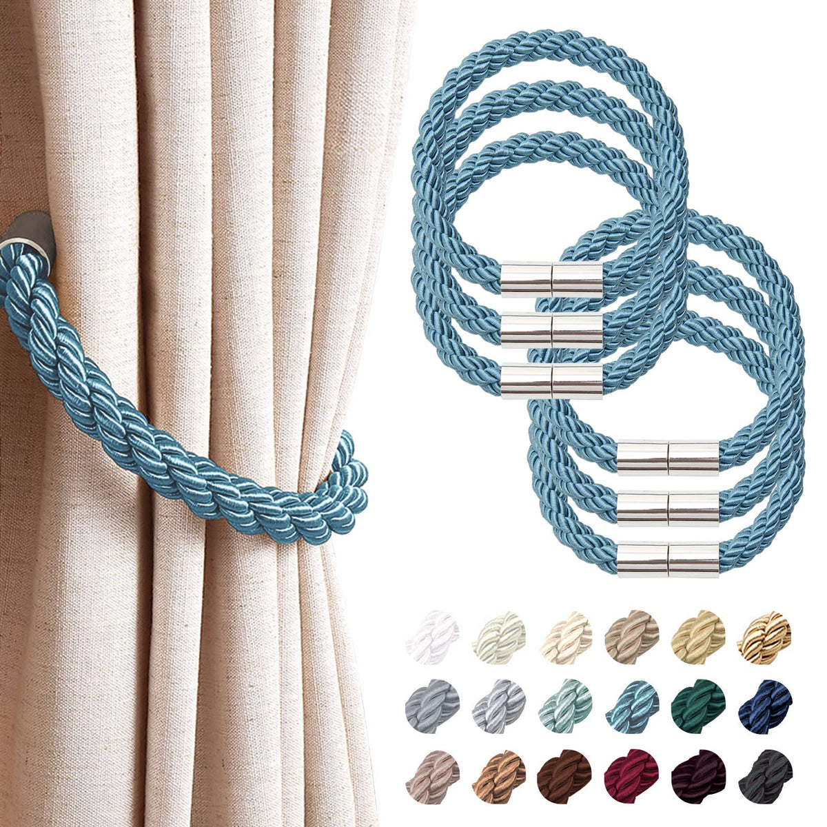 NICEEC 2 Pack Strong Magnetic Curtain Tiebacks Modern Simple Style Drape Tie Backs Convenient Decorative Weave Rope Curtain Holdbacks for Thin or Thick Home & Office Window Draperies (Beige)