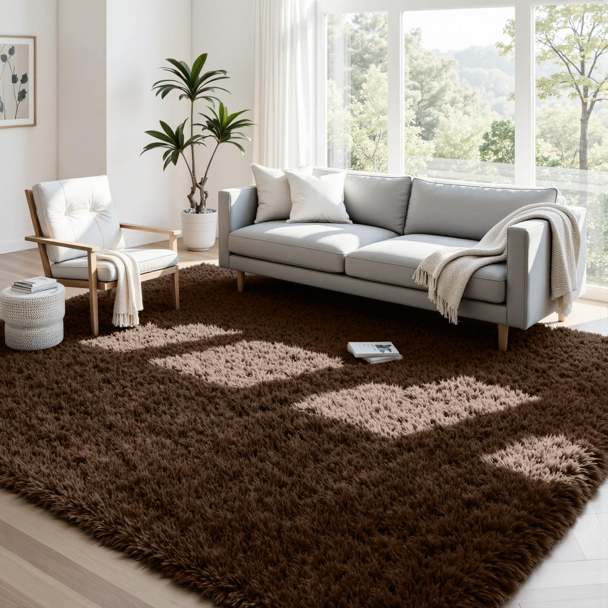 8x10 Fluffy Shag Area Rugs for Living Room Bedroom: Soft Carpet Gray Camel