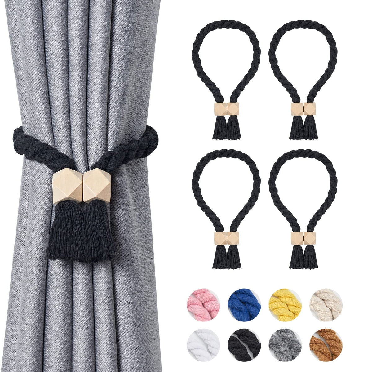 NICEEC 2 Pack Wooden Ball Magnetic Curtain Tiebacks Boho Home Decor Drape Tie Backs Natural Cotton Hand Woven Rope Curtain Holdbacks for Thin & Thick Home & Office Window Draperies (Beige)