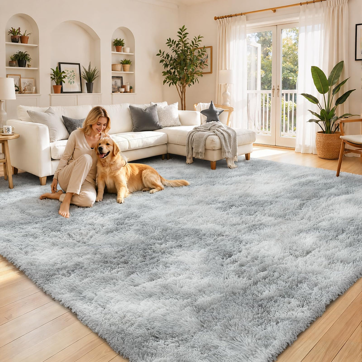 8x10 Area Rugs for Living Room,Cream Large Shaggy Carpet Plush Furry Rug