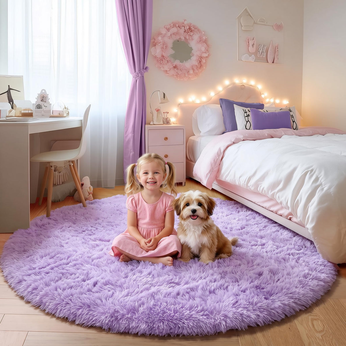 Light Pink Fluffy Round Rug Circle Area Rugs 4ft for Girls Kids Bedroom
