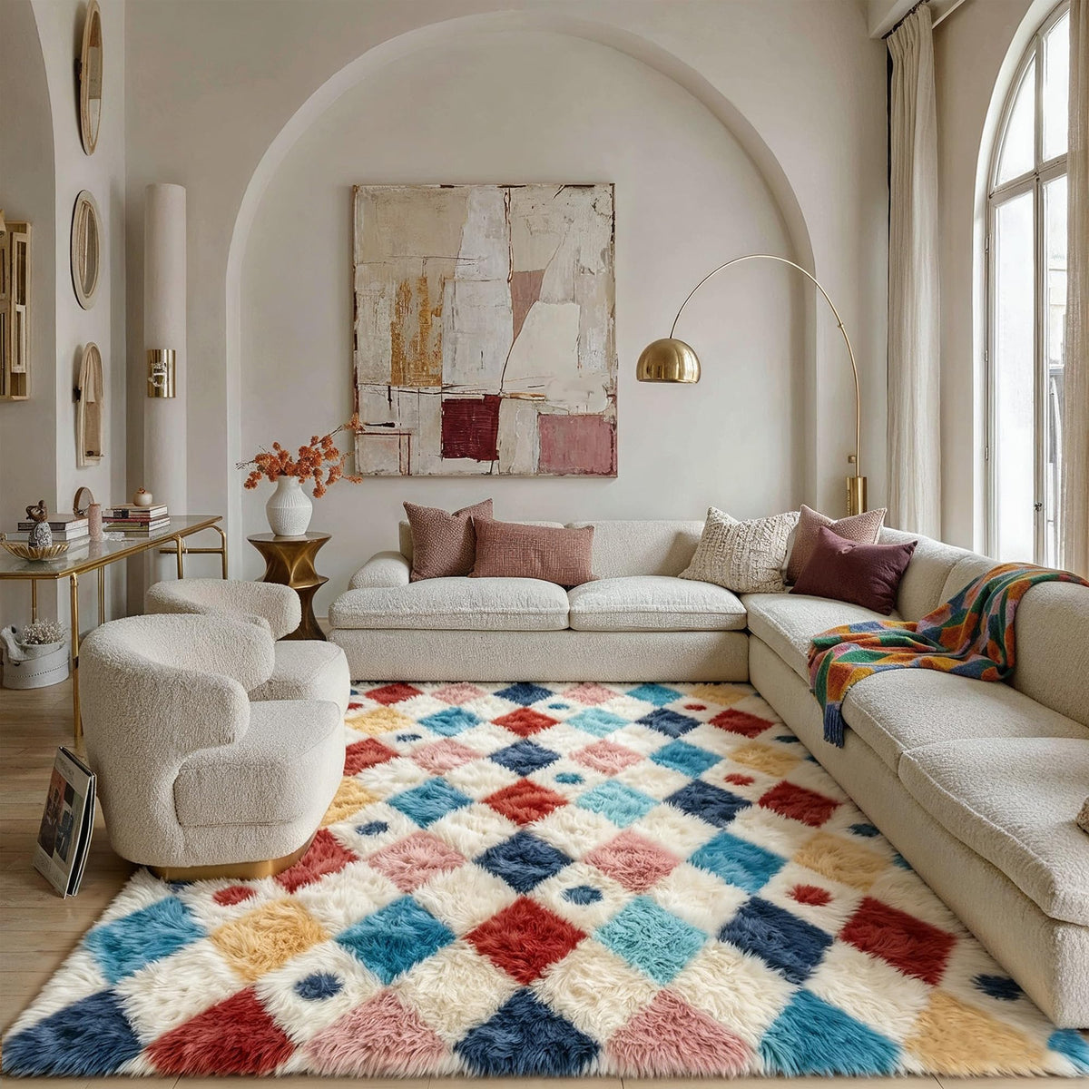 PureCozy Beige 8x10 Area Rug for Living Room Soft Checkered Shag Carpet