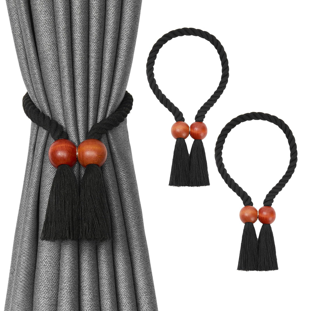 NICEEC 2 Pack Wooden Ball Magnetic Curtain Tiebacks Boho Home Decor Drape Tie Backs Natural Cotton Hand Woven Rope Curtain Holdbacks for Thin & Thick Home & Office Window Draperies (Beige)