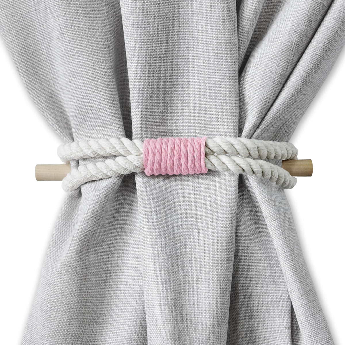 Curtain Holdbacks Boho Tiebacks for Drapes, Farmhouse Jute Rope Cotton Tie Backs with Rustic Wood Club, Curtain Accessories Holders for Indoor Outdoor Use, Set of 4