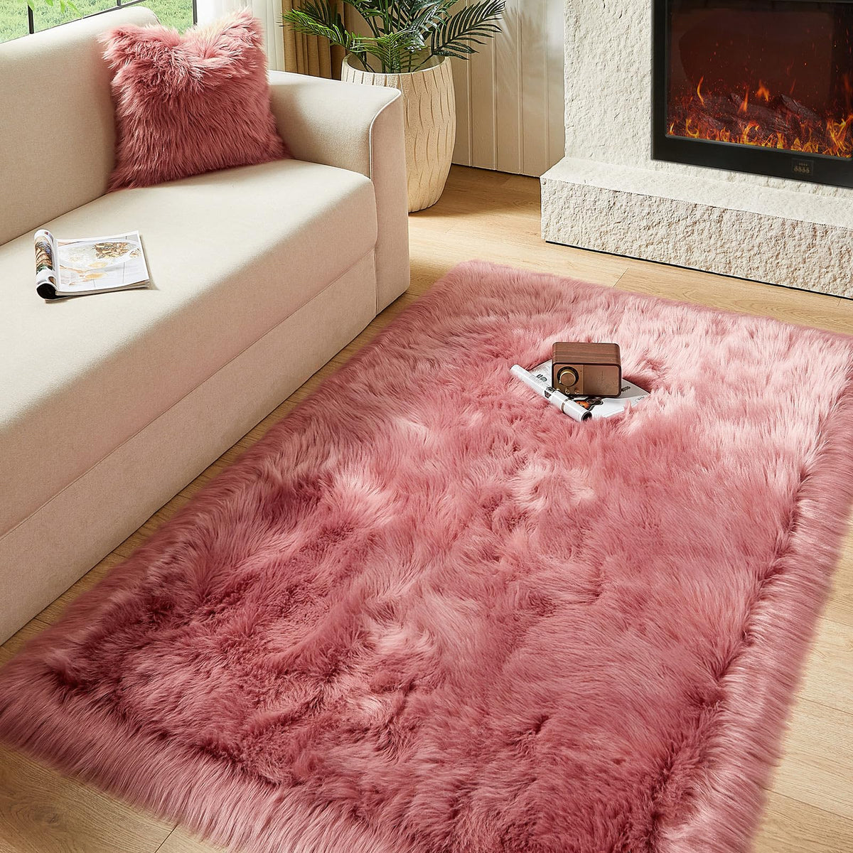 AMTOVO Faux Sheepskin Rug, Beige Ultra Soft Fluffy Shag Area Rug, 2 x 6 ft Faux Fur Rug for Bedroom Sofa Throw Cushion Room Decor, Sheepskin