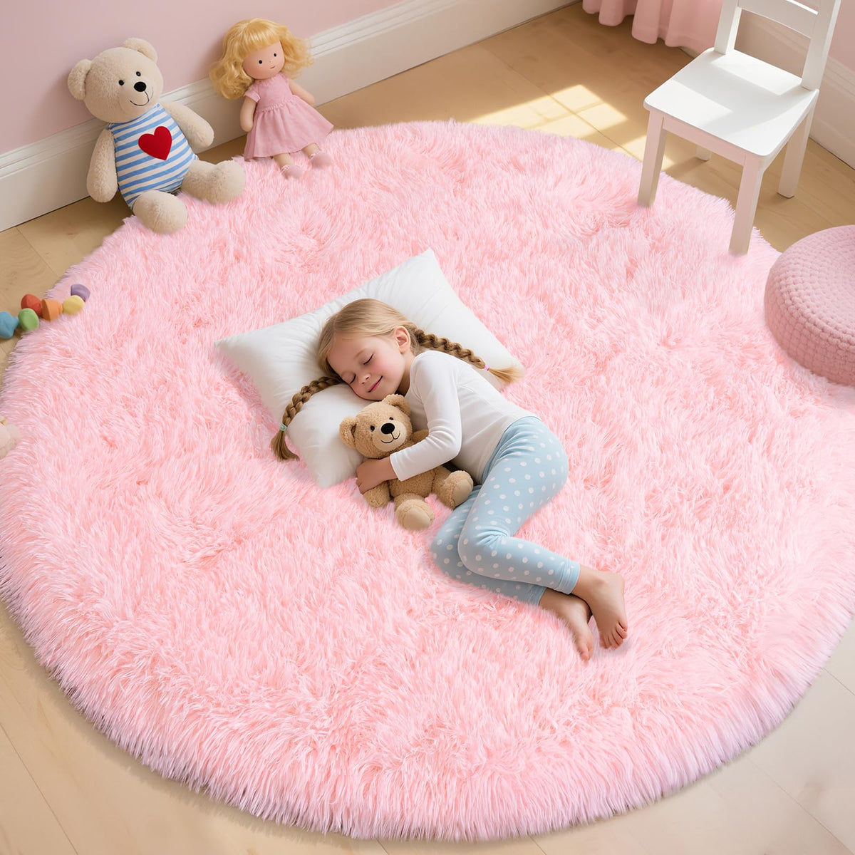 4Ft Fluffy Pink Round Rug for Girls Bedroom Kids Room, Washable Non-Slip