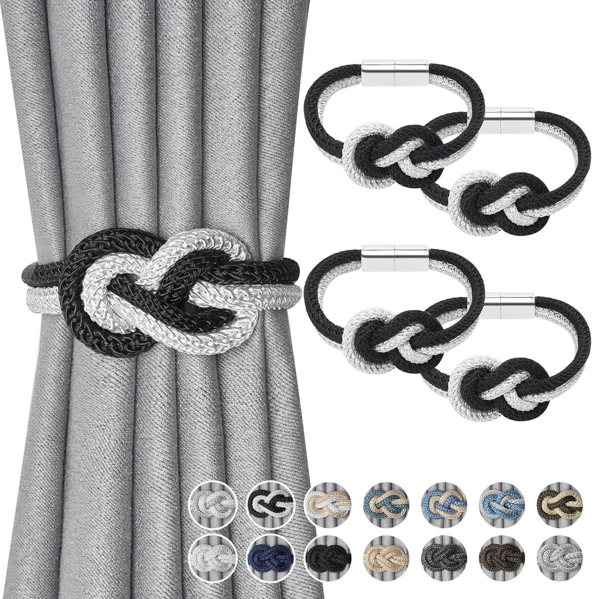 NICEEC 2 Pack Mini Magnetic Curtain Tiebacks Nordic Simple Style Drape Tie Backs Elegant Hand Weave Rope Knot Decorative Curtain Holdbacks for Home & Office Thin Window Drapery (Silver Grey)