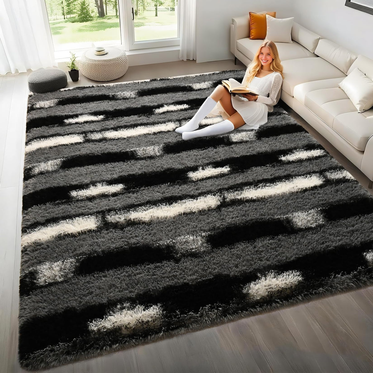 Black and White Rugs for Living Room Bedroom, 6x9 Fluffy Soft Plush Area Rugs with Non-Slip Backing, Modern Striped Shag Fuzzy Carpets for Kids Playroom Nursery Dorms Home Decor