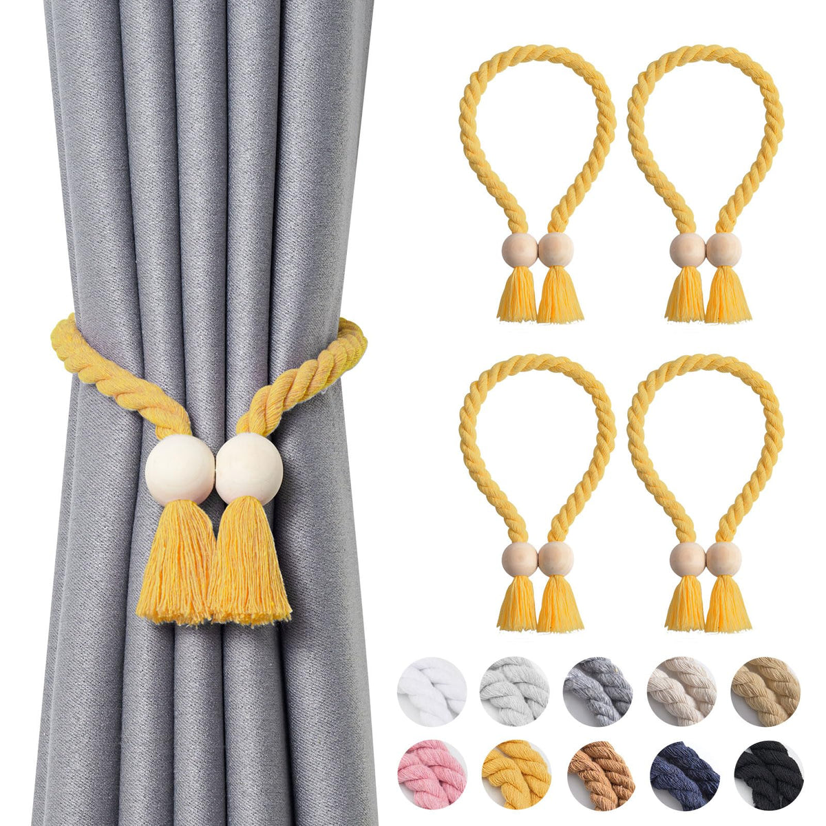 NICEEC 2 Pack Wooden Ball Magnetic Curtain Tiebacks Boho Home Decor Drape Tie Backs Natural Cotton Hand Woven Rope Curtain Holdbacks for Thin & Thick Home & Office Window Draperies (Beige)