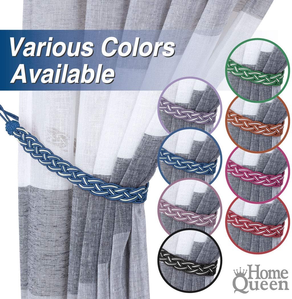 Home Queen Handwoven Rope Curtain Tiebacks for Drapes, 2 Pack Rope Holdbacks with Hooks, 23 Inch Long Polyester and Cotton Braided Tie Backs for Thick and Sheer Curtains,Navy and Silver