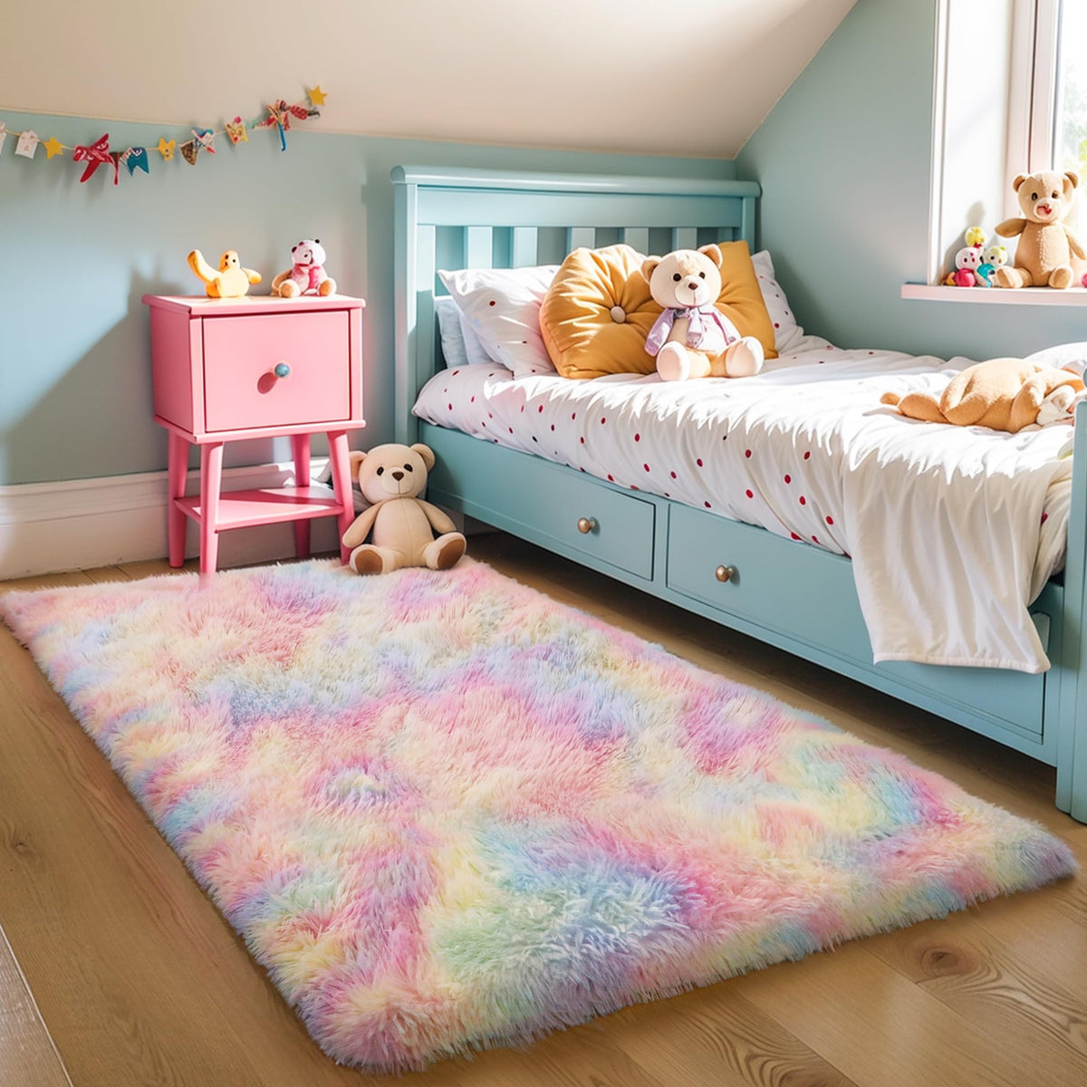 KICHOWUA 4x6 Fluffy Fuzzy Kids Shag Rainbow Rug for Girls Bedroom Playroom