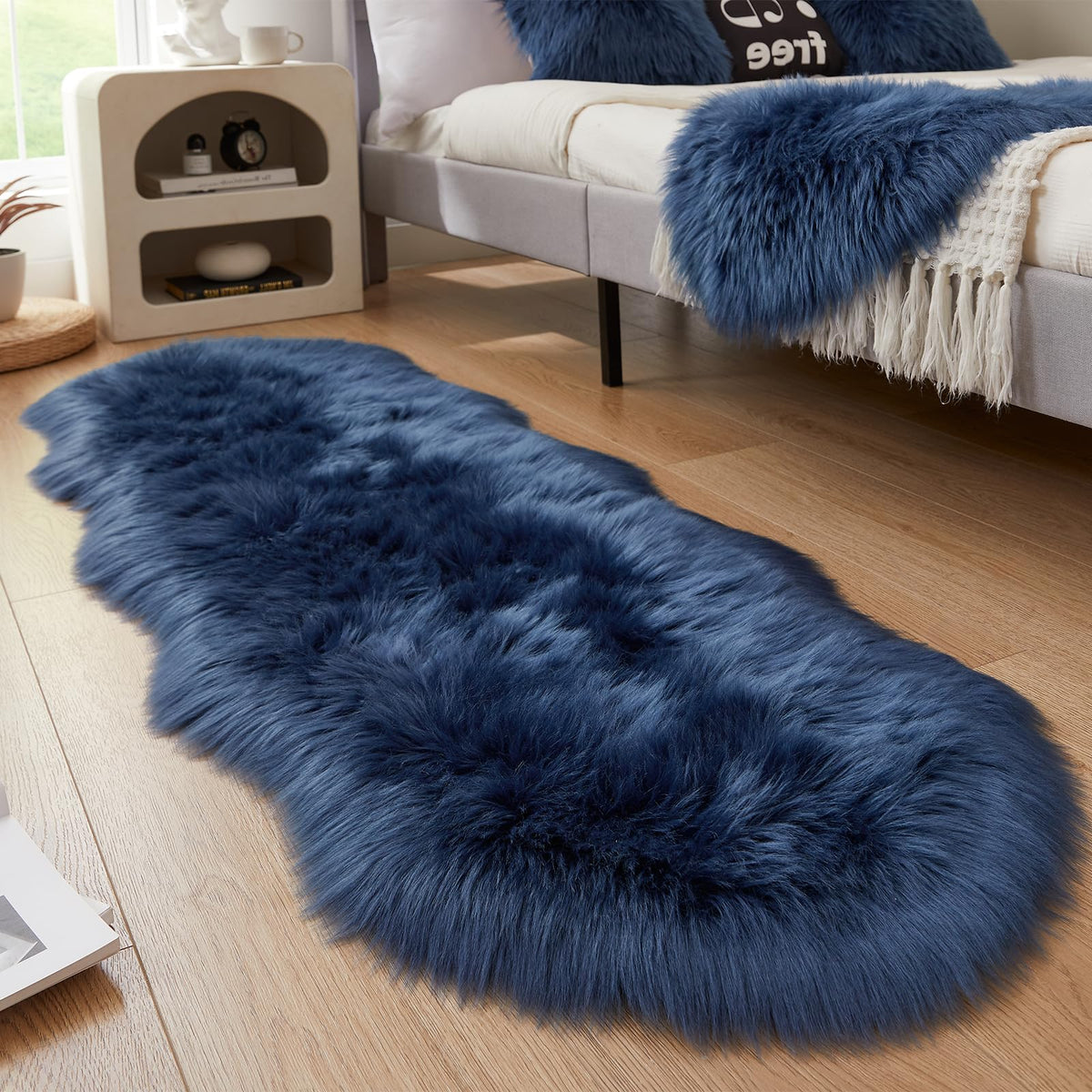 AMTOVO Faux Sheepskin Rug, Beige Ultra Soft Fluffy Shag Area Rug, 2 x 6 ft Faux Fur Rug for Bedroom Sofa Throw Cushion Room Decor, Sheepskin